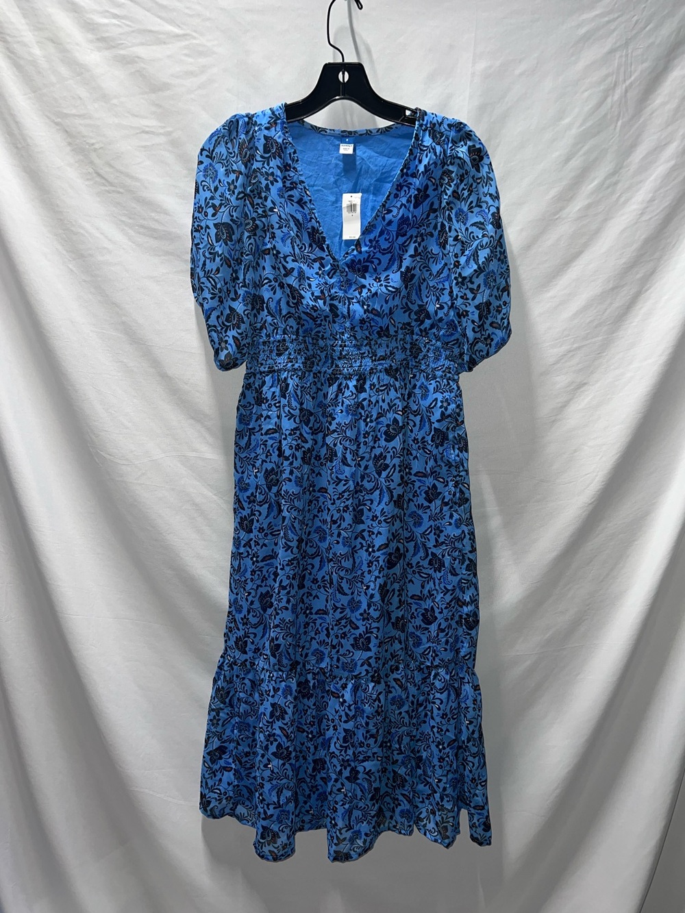 Old Navy Blue Floral Midi Dress with Puff Sleeves